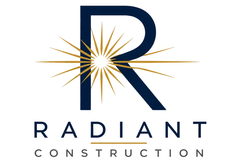 Radiant Construction logo: a navy letter R with a gold radiant burst of light